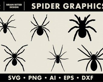 May include: Six black spider silhouettes in various poses.  The spiders are all facing forward with their legs outstretched.  The image is on a light beige background.  "SPIDER GRAPHICS" is written in black at the top of the image.