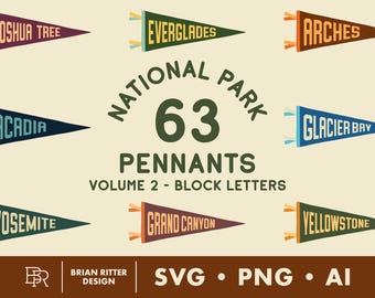 May include: A collection of nine triangular pennants featuring names of national parks including Joshua Tree, Everglades, Arches, Acadia, Glacier Bay, Yosemite, Grand Canyon, and Yellowstone, with text reading National Park 63 Pennants Volume 2.