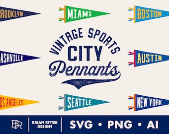 May include: A collection of eight triangular felt pennants featuring the city names Brooklyn, Miami, Boston, Nashville, Austin, Los Angeles, Seattle, and New York. The center text reads VINTAGE SPORTS CITY Pennants, with file formats SVG, PNG, AI.
