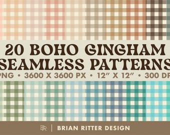 May include: Twenty seamless digital patterns featuring a variety of gingham designs in muted, earthy tones. The patterns are 12 inches by 12 inches and 300 DPI.