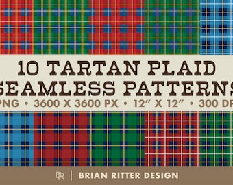 May include: Ten seamless digital patterns featuring various tartan plaid designs in red, green, blue, and yellow. Each pattern is 3600 x 3600 pixels and 12 inches by 12 inches at 300 DPI.
