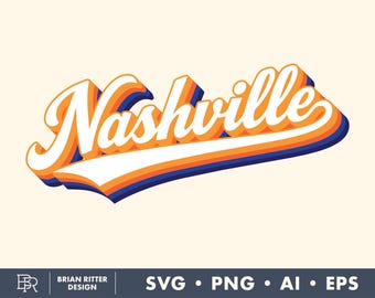 May include: A graphic design featuring the word Nashville in a white cursive script with a 3D effect. The lettering has layered orange, yellow, and dark blue outlines, with a long white underline extending from the letter e to the left.