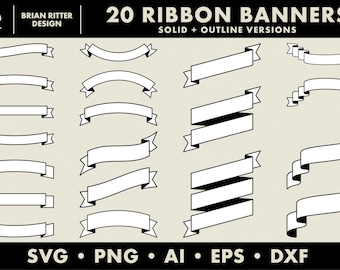 May include: A set of 20 black and white ribbon banner designs. The banners are in various shapes and sizes, including curved, straight, and angled. The text "20 RIBBON BANNERS" and "SOLID + OUTLINE VERSIONS" is at the top of the image. The text "SVG PNG AI EPS DXF" is at the bottom of the image.