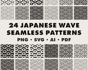 May include: A collection of 24 Japanese wave seamless patterns in black and white. The text reads 24 JAPANESE WAVE SEAMLESS PATTERNS PNG SVG AI PDF and BRIAN RITTER DESIGN. These graphic designs feature various line weights and wave densities.