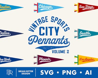 May include: A collection of eight triangular sports pennants in various colors, each featuring a city name in white or yellow script. The central text reads VINTAGE SPORTS CITY PENNANTS VOLUME 2. File formats SVG, PNG, and AI are listed at the bottom.