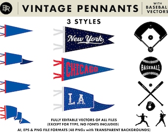 May include: A set of vintage baseball pennants with different city names, including New York, Chicago, and LA. The pennants are blue with red and white accents. The set also includes baseball-themed vector graphics, such as a baseball field, a baseball, bats, a glove, and two baseball players.