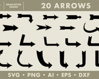 May include: A set of 20 black arrow graphics in various styles, including straight arrows, curved arrows, and right-angle arrows. The arrows are arranged in rows on a light beige background. The text "20 ARROWS" is at the top of the image. The text "SVG • PNG • AI • EPS • DXF" is at the bottom of the image.