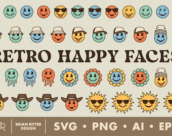 May include: A set of 30 retro happy face illustrations in various styles, including sunglasses, hats, and dripping paint. The faces are in yellow, red, blue, green, and orange. The text "Retro Happy Faces" is at the top of the image.