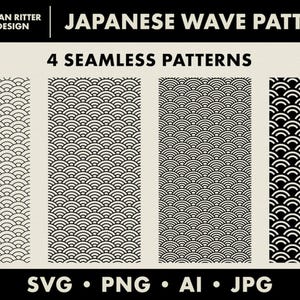 4 つの日本の波模様 | 青海波 | 魚の鱗 | シームレスな背景パターン | PNG | SVG | JPG | デジタル アート | 印刷可能なアート