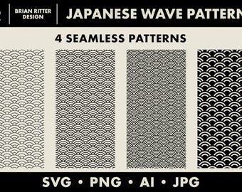 May include: Four seamless patterns featuring a Japanese wave design. The patterns are in black and white and are arranged in a grid. The text "Japanese Wave Patterns" and "4 Seamless Patterns" is at the top of the image. The text "SVG PNG AI JPG" is at the bottom of the image.