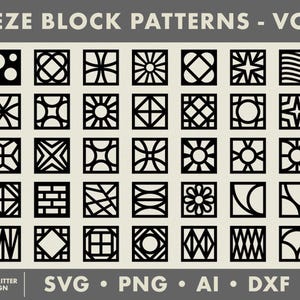 Puede incluir: Una colección de patrones de bloques de brisa en blanco y negro en marcos cuadrados. Los diseños incluyen formas geométricas, motivos florales y líneas abstractas. El texto "BREEZE BLOCK PATTERNS - VOL. 2" está en la parte superior.