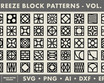 May include: A collection of black and white breeze block patterns in square frames. The designs include geometric shapes, floral motifs, and abstract lines. The text "BREEZE BLOCK PATTERNS - VOL. 2" is at the top, with file type options at the bottom.