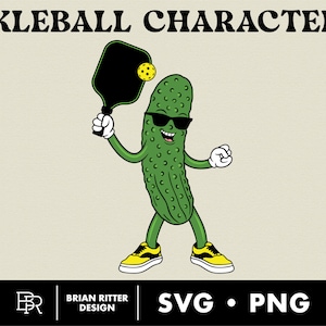 Pickleball-stripfiguur #5 | Retro grappig personage | Augurkbal | PNG | SVG | T-shirtontwerp | Sticker | Digitale kunst | Afdrukbare kunst