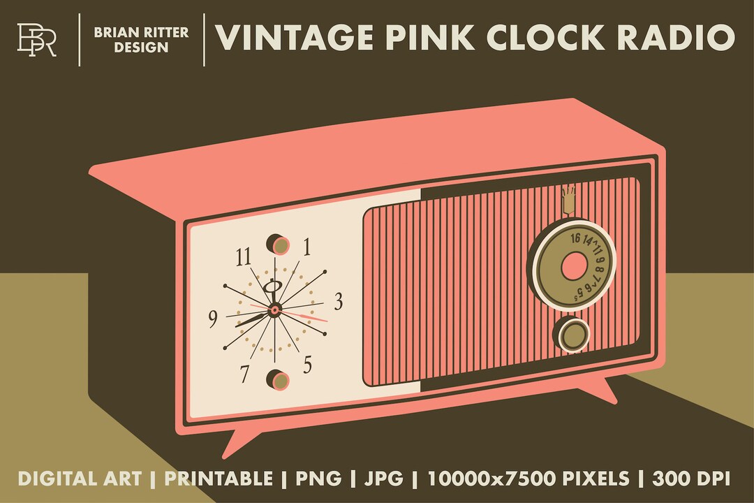 Vintage Pink Clock Radio Illustration Retro Midcentury Digital Art
