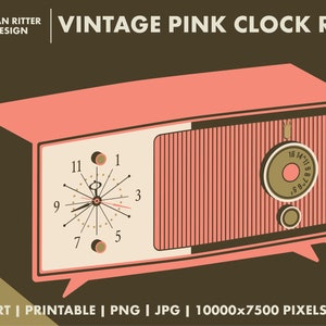 Peut inclure: Un radio-réveil vintage rose avec un cadran blanc et des aiguilles noires. La radio a un cadran brun avec des chiffres et un bouton rouge. Le cadran de l'horloge a une aiguille noire pointant sur le chiffre 12 et une aiguille rouge pointant sur le chiffre 3. Le radio-réveil est sur un fond brun.