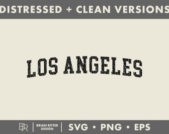 May include: A digital graphic file featuring the text LOS ANGELES in a black, distressed, arched varsity-style font against a light beige background. The top banner reads DISTRESSED + CLEAN VERSIONS and the bottom includes BRIAN RITTER DESIGN SVG PNG EPS.