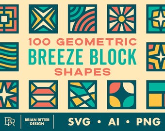 May include: A collection of 100 geometric breeze block shapes in various designs and colors, including teal, yellow, red, and white. The image also includes the text "100 Geometric Breeze Block Shapes" and file type icons.
