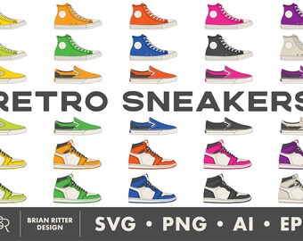 Zapatillas retro / Zapatos / Pegatinas digitales / Iconos / Arte imprimible / Diseños de camisetas / PNG / SVG / EPS