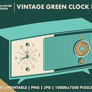 May include: A vintage green clock radio with a white face and a brown knob. The clock face has black hands and a white starburst design. The radio has a green grille and a brown knob with numbers.