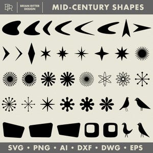 May include: A collection of black mid-century modern graphic shapes on a light beige background. The set includes boomerangs, starbursts, atomic symbols, geometric forms, and bird silhouettes. Text at the top reads MID-CENTURY SHAPES and at the bottom SVG PNG AI DXF DWG EPS.