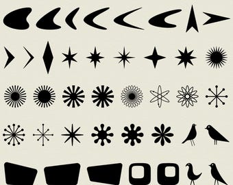 May include: A collection of black mid-century modern graphic shapes on a light beige background. The set includes boomerangs, starbursts, atomic symbols, geometric forms, and bird silhouettes. Text at the top reads MID-CENTURY SHAPES and at the bottom SVG PNG AI DXF DWG EPS.