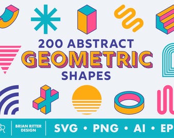 May include: A graphic featuring various colorful abstract geometric shapes. The text reads "200 ABSTRACT GEOMETRIC SHAPES" in a retro style. Includes SVG, PNG, AI, and EPS file formats.