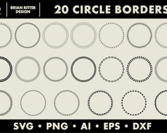 May include: An image showcasing 20 different black circle borders with various designs, including chain links, rope, and geometric patterns. The text "20 CIRCLE BORDERS" is displayed at the top, with file type options at the bottom.