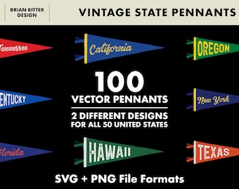 May include: A set of 100 vintage state pennants in vector format. The pennants are in two different designs and feature the names of all 50 US states. The pennants are available in SVG and PNG file formats.