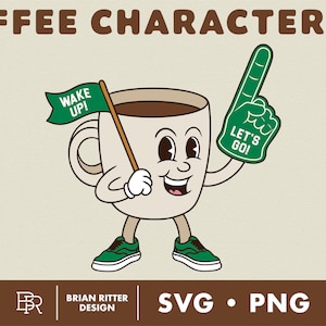 Kaffee Cartoon Charakter #1 | Retro Lustiges Maskottchen | Kaffeetasse | PNG | SVG | T-Shirt Design | Aufkleber | Digitale Kunst | Druckbare Kunst