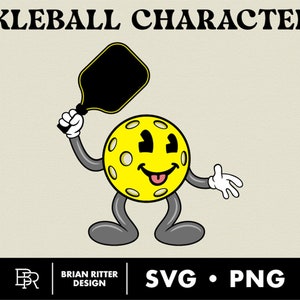Pickleball-stripfiguur # 3 | Retro grappig karakter | Augurk Bal | PNG | Svg | T-shirtontwerp | Sticker | Digitale kunst | Afdrukbare kunst