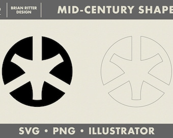 May include: A graphic design file featuring a circular icon with a six-pointed star cutout. The text reads BRIAN RITTER DESIGN, MID-CENTURY SHAPE, SVG, PNG, ILLUSTRATOR. The design is shown in both a solid black version and a thin black outline version.