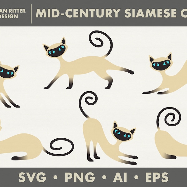 Mid-Century Siamese Cats #2 | Graphic Objects | Elements | PNG | SVG | EPS | Digital Stickers | Printable Art