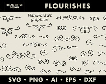 Flourishes | Decorative Flourish Elements | Swirls | Ornamental Graphics | Divider Borders | PNG | SVG | DXF | Digital Art | Printable Art