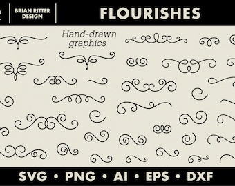 May include: A set of 20 hand-drawn flourishes, swirls, and decorative elements in black on a beige background. The text "FLOURISHES" is at the top of the image. The text "Hand-drawn graphics" is below the title. The text "SVG PNG AI EPS DXF" is at the bottom of the image.