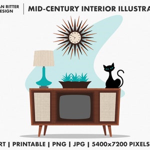 Puede incluir: Ilustración de interior moderno de mediados de siglo con un gabinete de madera marrón con un televisor, una lámpara turquesa, una planta en maceta y un gato negro. La ilustración está sobre un fondo azul claro con un reloj de estrella marrón y dorado.