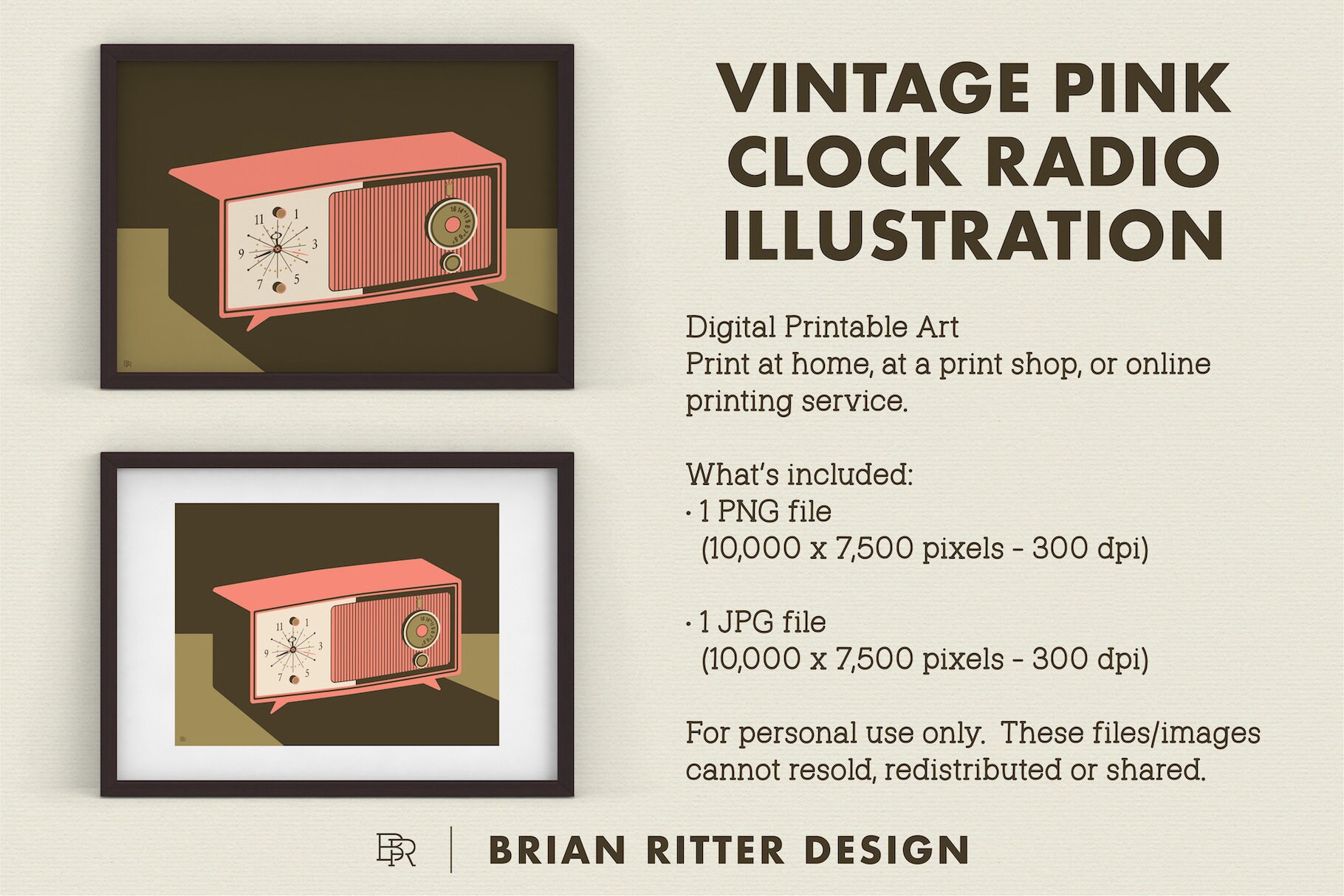 Vintage Pink Clock Radio Illustration Retro Midcentury Digital Art