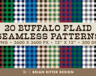 May include: Twenty seamless buffalo plaid patterns in various color combinations, including red and black, green and black, blue and white, and brown and white. Each pattern is 3600 x 3600 pixels and 12 inches by 12 inches at 300 DPI.