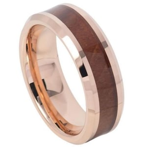 Koa Wood Ring Rose Gold Wedding Band 8mm Tungsten Carbide Hawaiian Koa Wood Engagement Mens Wedding Band Anniversary Koa Wood Wedding Band