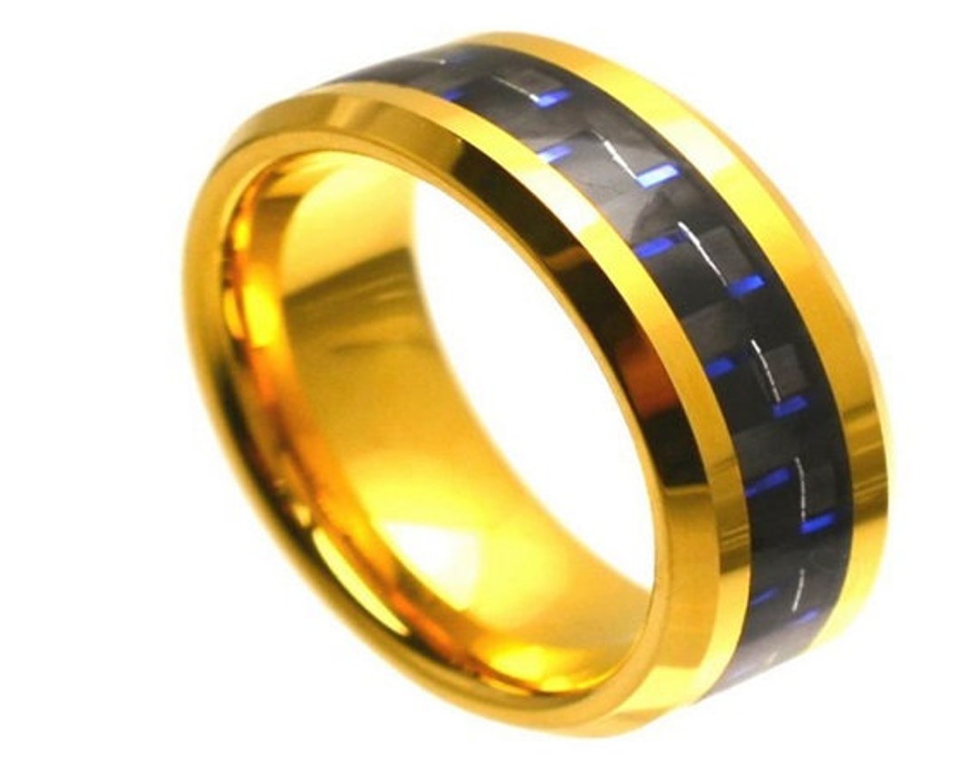 Blue Carbon Fiber Ring Yellow Gold Ring 8mm Blue Carbon Fiber Etsy