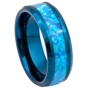 Blue Green Opal Ring Mens Wedding Band 8mm Green Blue Opal Engagement Ring Tungsten Carbide Anniversary Green Blue Opal Wedding Band