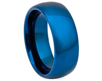 Mens Blue Ring 8mm Tungsten Wedding Band Scratch Resistant Ring Womens Wedding Band Polished Blue Ring Anniversary Blue Wedding Band Promise