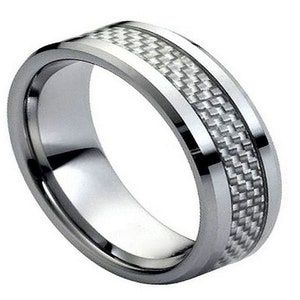 Grey Carbon Fiber Ring Tungsten Wedding Band 8mm Gray Carbon Fiber Band Engagement Anniversary Ring Mens Wedding Band Tungsten Carbide