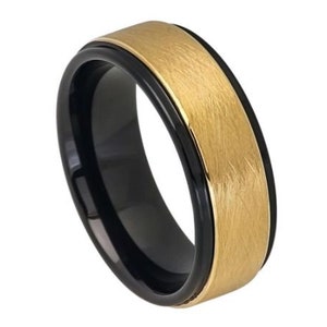 Gold Ring Mens Wedding Band 8mm Engagement Ring Yellow Gold Wedding Band Anniversary Tungsten Carbide Brushed Black Ring For Men Promise
