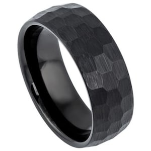 Black Wedding Band Hammered Ring Tungsten Carbide 8mm Mens Wedding Band Engagement Ring Anniversary Hammered Band Black Ring For Men Promise