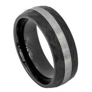 Black Wedding Band Mens Tungsten Carbide 8mm Brushed Black Wedding Band Engagement Ring Anniversary Hammered Band Black Ring For Men