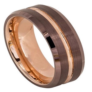 Rose Gold Wedding Band Tungsten Ring 8mm Rose Gold Engagement Ring Mens Wedding Band Mens Rose Gold Ring Promise Lifestyle Brown Ring