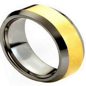 Wolfram Hochzeit Band Mens Gelbgold Ring poliert 8mm Verlobungsring Jahrestag Gelbgold Hochzeit Band glänzend Wolfram Carbid Ring
