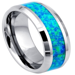 Opal Ring Mens Wedding Band 8mm Opal Engagement Ring Tungsten Wedding Band Anniversary Scratch Resistant Ring Opal Wedding Band Durable