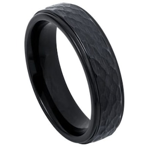 Mens Black Ring Tungsten Carbide 6mm Hammered Black Wedding Band Engagement Ring Anniversary Scratch Resistant Ring Mens Wedding Band Ring