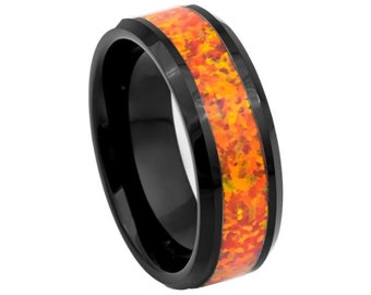 Orange Opal Ring Mens Wedding Band 8mm Opal Engagement Ring Tungsten Carbide Anniversary Orange Opal Wedding Band Promise Ring